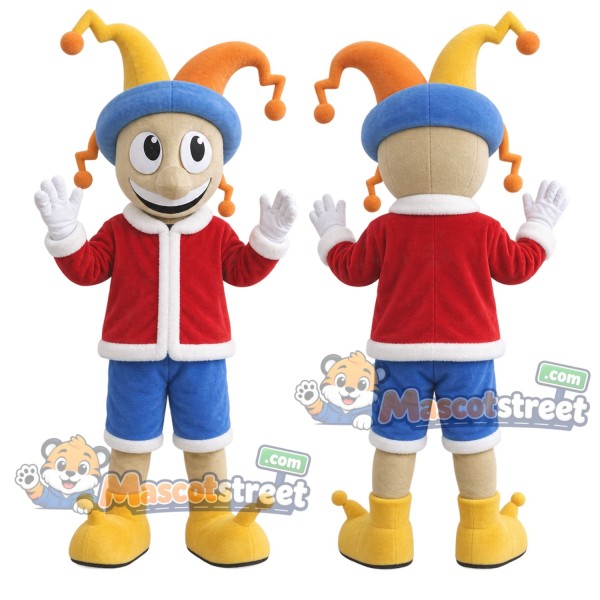 Jester Boy Mascot Costume with Santa Jacket, Blue Shorts and Jester Hat