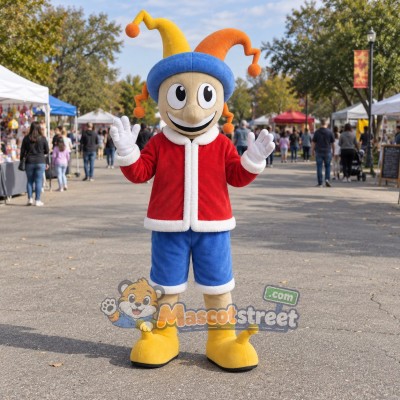 Jester Boy Mascot Costume with Santa Jacket, Blue Shorts and Jester Hat