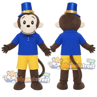 Brown Monkey Mascot Costume with Blue Shirt, Yellow Shorts and Blue Top Hat Brown Monkey Mascot Costume with Blue Shirt, Yellow Shorts and Blue Top Hat