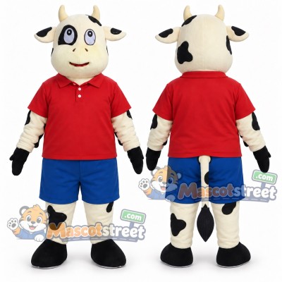 Black and White Cow Mascot Costume with Red Shirt and Blue Shorts