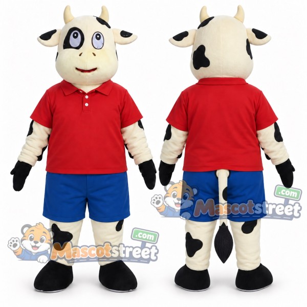 Black and White Cow Mascot Costume with Red Shirt and Blue Shorts