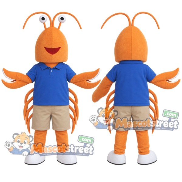 Orange Shrimp Mascot Costume with Blue Shirt and Beige Shorts