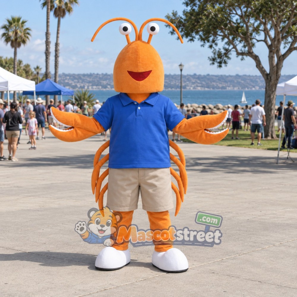 Orange Shrimp Mascot Costume with Blue Shirt and Beige Shorts Orange Shrimp Mascot Costume with Blue Shirt and Beige Shorts
