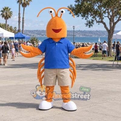 Orange Shrimp Mascot Costume with Blue Shirt and Beige Shorts Orange Shrimp Mascot Costume with Blue Shirt and Beige Shorts