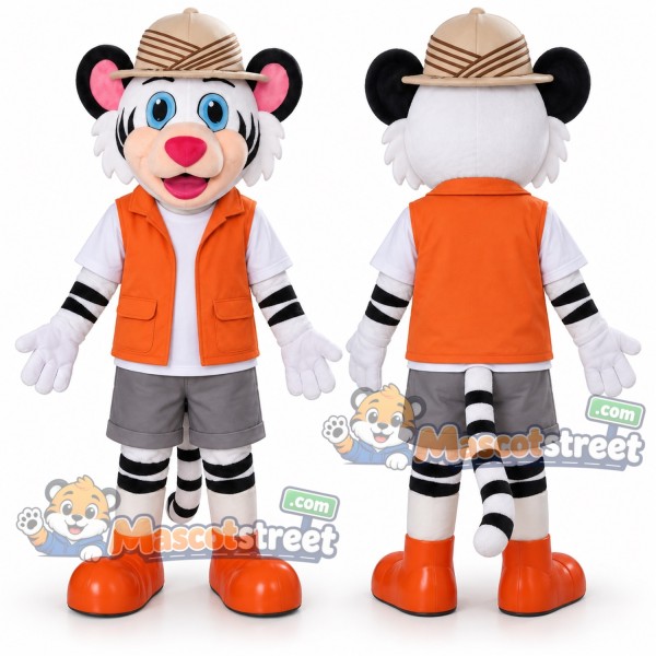 White Tiger Mascot Costume with Orange Vest, Gray Shorts and Tan Hat