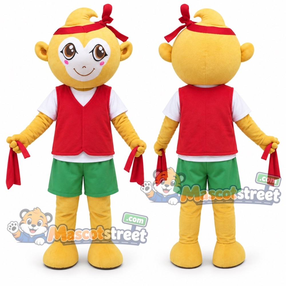 Yellow Monkey Mascot Costume with Red Vest, Green Shorts and Red Headband