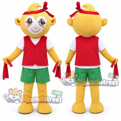 Yellow Monkey Mascot Costume with Red Vest, Green Shorts and Red Headband