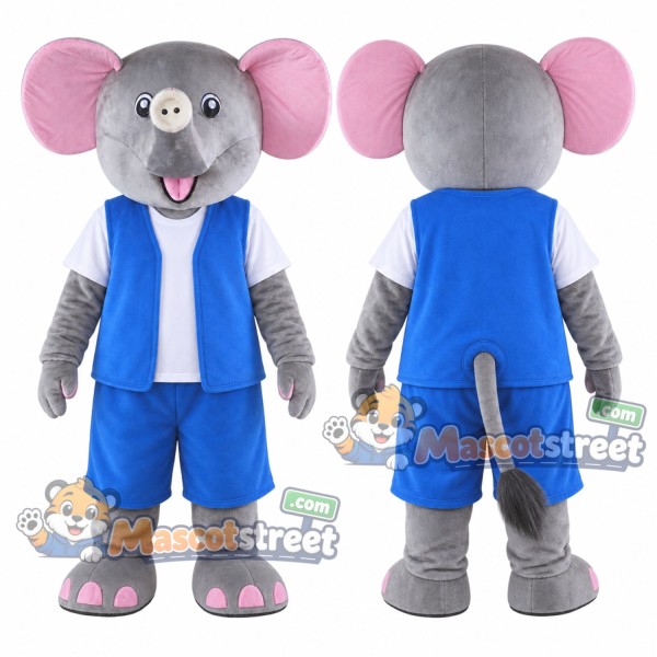 Gray Elephant Mascot Costume with Blue Vest and Shorts