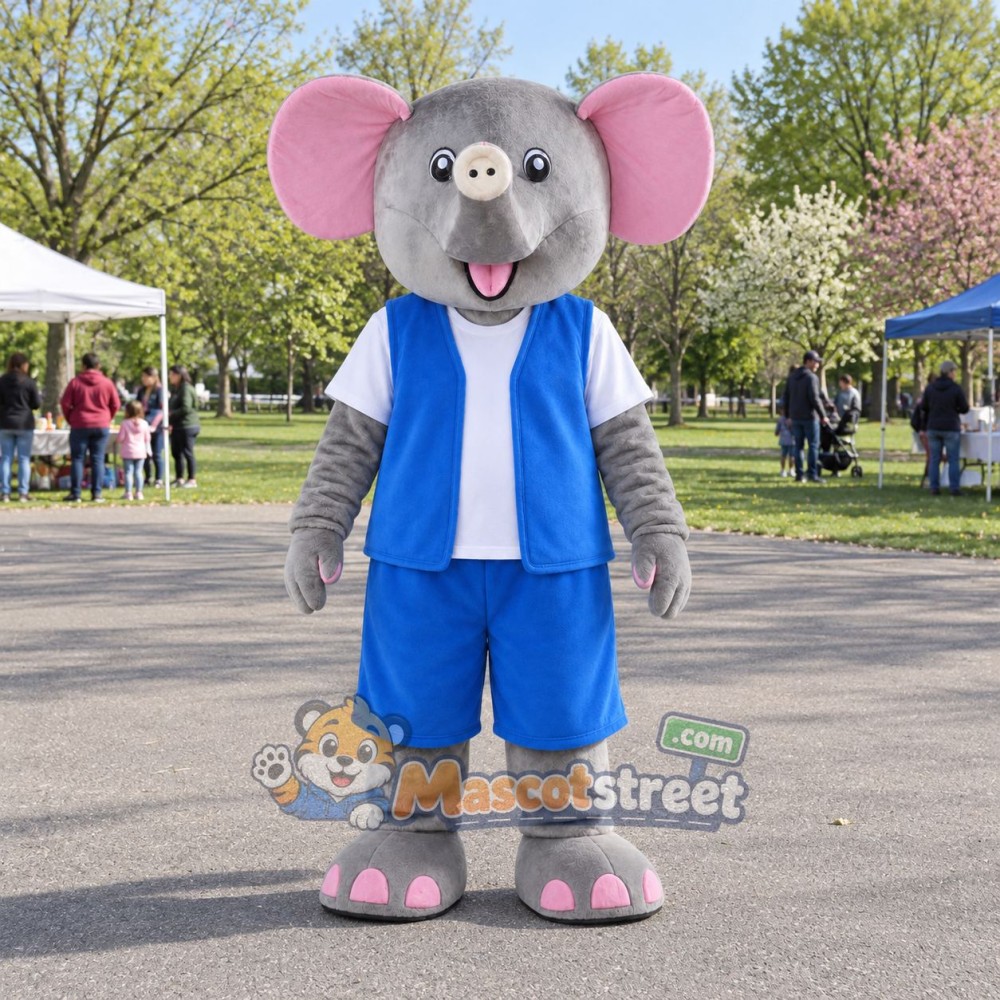 Gray Elephant Mascot Costume with Blue Vest and Shorts