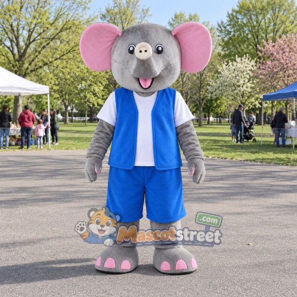 Gray Elephant Mascot Costume with Blue Vest and Shorts