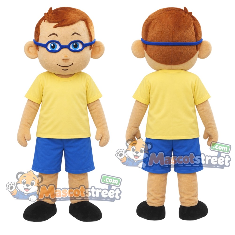 Boy with Glasses Mascot Costume with Yellow Shirt and Blue Shorts Boy with Glasses Mascot Costume with Yellow Shirt and Blue Shorts