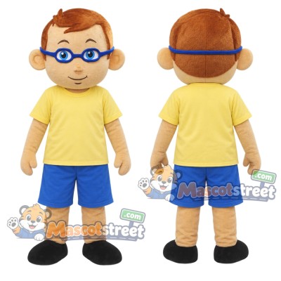 Boy with Glasses Mascot Costume with Yellow Shirt and Blue Shorts Boy with Glasses Mascot Costume with Yellow Shirt and Blue Shorts
