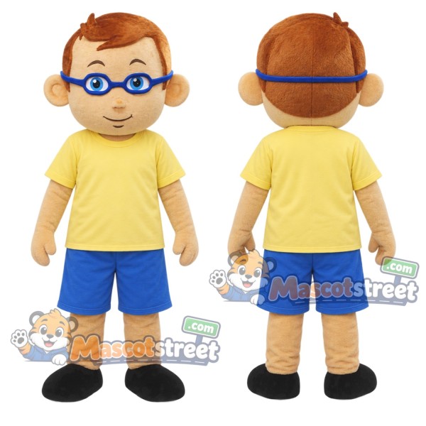 Boy with Glasses Mascot Costume with Yellow Shirt and Blue Shorts