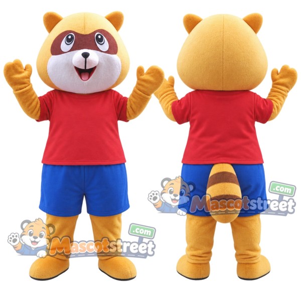 Tan Raccoon Mascot Costume with Red Shirt and Blue Shorts