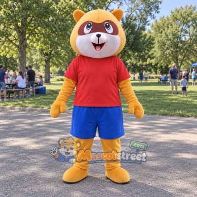 Tan Raccoon Mascot Costume with Red Shirt and Blue Shorts Tan Raccoon Mascot Costume with Red Shirt and Blue Shorts