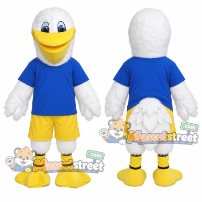 White Seagull Mascot Costume with Blue Shirt and Yellow Shorts White Seagull Mascot Costume with Blue Shirt and Yellow Shorts