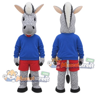 Gray Zebra Mascot Costume with Blue Sweatshirt and Red Shorts Gray Zebra Mascot Costume with Blue Sweatshirt and Red Shorts