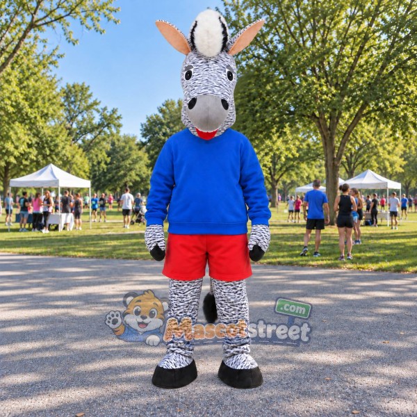 Gray Zebra Mascot Costume with Blue Sweatshirt and Red Shorts Gray Zebra Mascot Costume with Blue Sweatshirt and Red Shorts