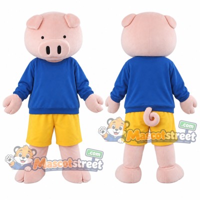 Pink Pig Mascot Costume with Blue Sweatshirt and Yellow Shorts Pink Pig Mascot Costume with Blue Sweatshirt and Yellow Shorts