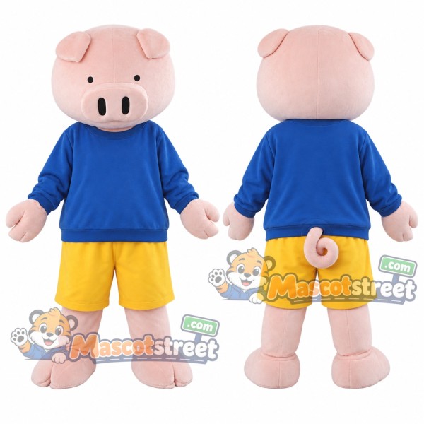 Pink Pig Mascot Costume with Blue Sweatshirt and Yellow Shorts