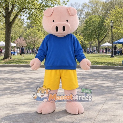 Pink Pig Mascot Costume with Blue Sweatshirt and Yellow Shorts Pink Pig Mascot Costume with Blue Sweatshirt and Yellow Shorts