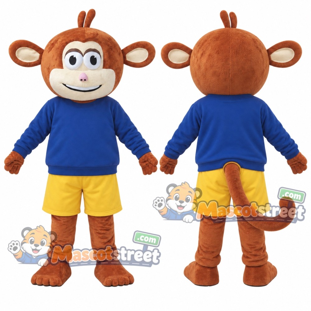 Brown Monkey Mascot Costume with Navy Sweatshirt and Yellow Shorts