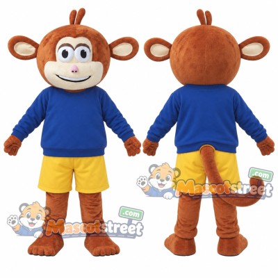 Brown Monkey Mascot Costume with Navy Sweatshirt and Yellow Shorts