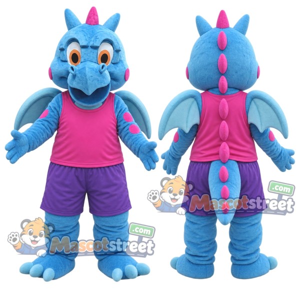 Blue Dragon Mascot Costume with Pink Sleeveless Shirt and Purple Shorts