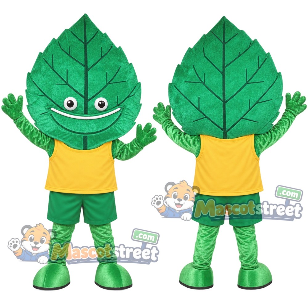 Green Leaf Mascot Costume with Yellow Shirt and Green Shorts