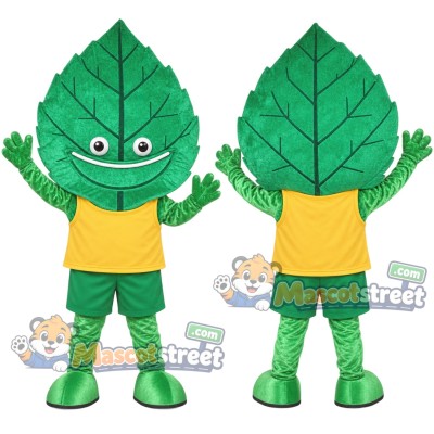 Green Leaf Mascot Costume with Yellow Shirt and Green Shorts