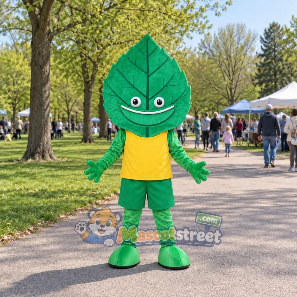 Green Leaf Mascot Costume with Yellow Shirt and Green Shorts