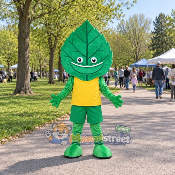 Green Leaf Mascot Costume with Yellow Shirt and Green Shorts