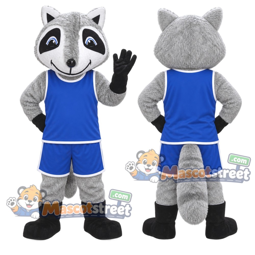 Gray Raccoon Mascot Costume with Blue Sports Uniform