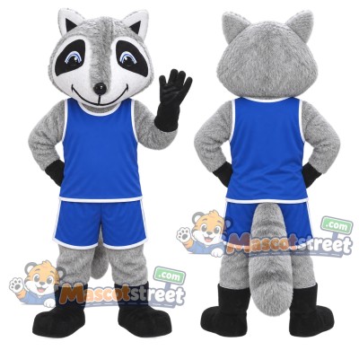 Gray Raccoon Mascot Costume with Blue Sports Uniform