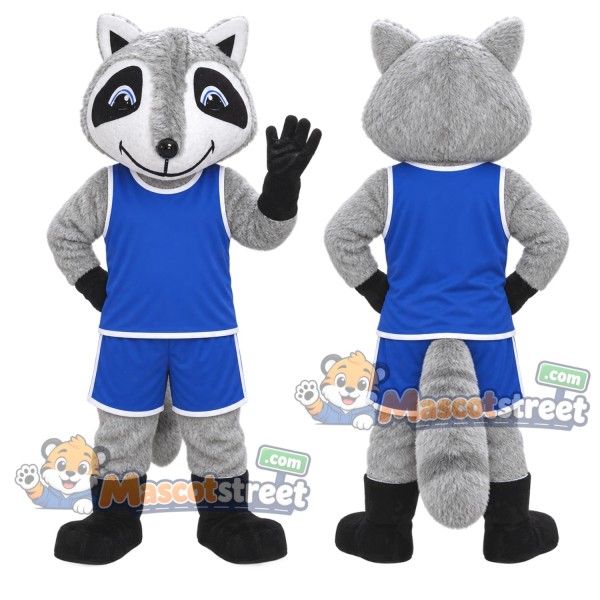 Gray Raccoon Mascot Costume with Blue Sports Uniform