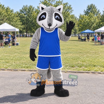 Gray Raccoon Mascot Costume with Blue Sports Uniform