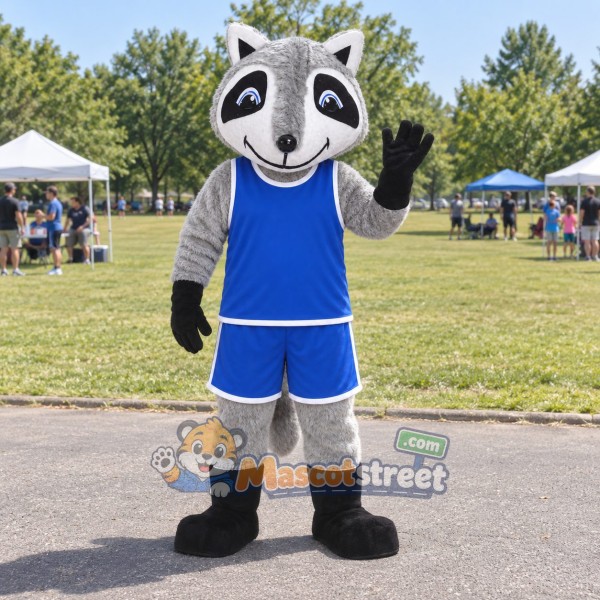 Gray Raccoon Mascot Costume with Blue Sports Uniform