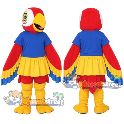 Red Parrot Mascot Costume with Blue Shirt and Yellow Skirt