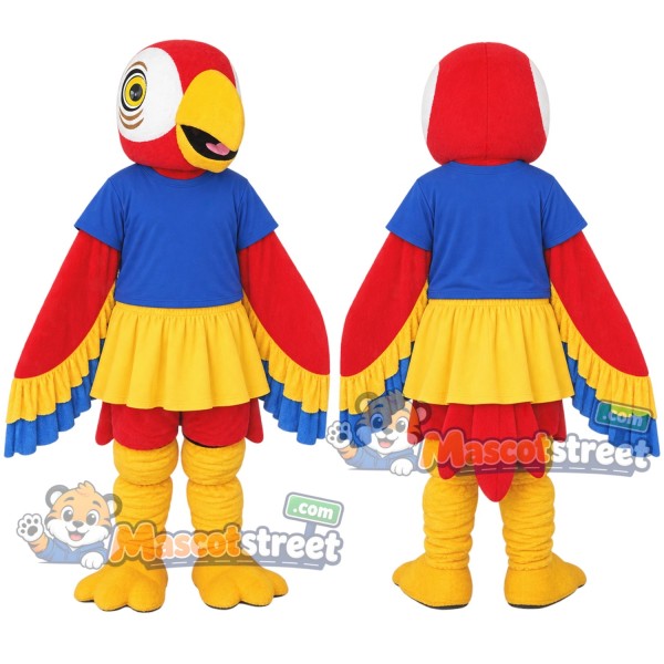 Red Parrot Mascot Costume with Blue Shirt and Yellow Skirt