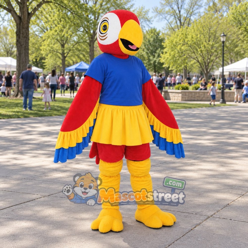 Red Parrot Mascot Costume with Blue Shirt and Yellow Skirt Red Parrot Mascot Costume with Blue Shirt and Yellow Skirt