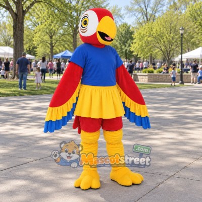 Red Parrot Mascot Costume with Blue Shirt and Yellow Skirt Red Parrot Mascot Costume with Blue Shirt and Yellow Skirt