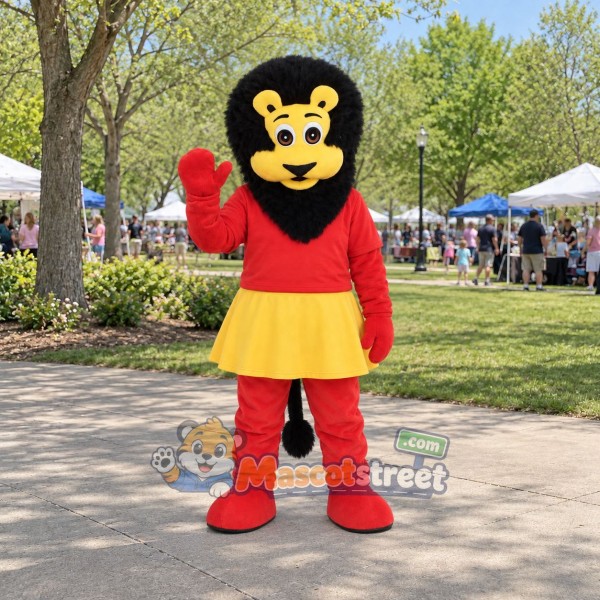 Red Lion Mascot Costume with Red Shirt and Yellow Skirt