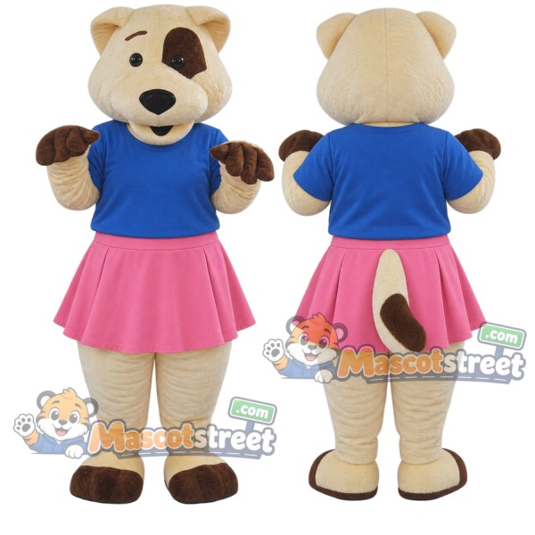 Tan Dog Mascot Costume with Blue Shirt and Pink Skirt