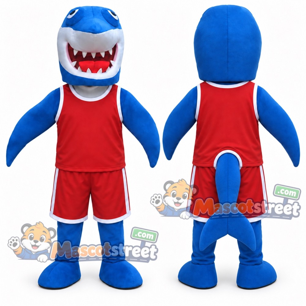 Blue Shark Mascot Costume with Red Sports Uniform Blue Shark Mascot Costume with Red Sports Uniform