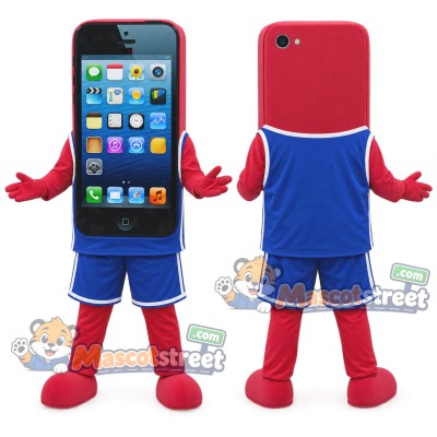 Red Smartphone Mascot Costume with Blue Sports Uniform Red Smartphone Mascot Costume with Blue Sports Uniform