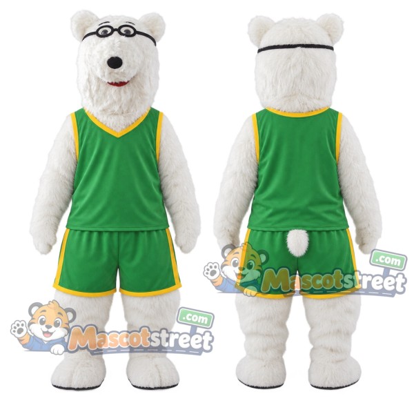 White Polar Bear Mascot Costume with Green Sports Uniform
