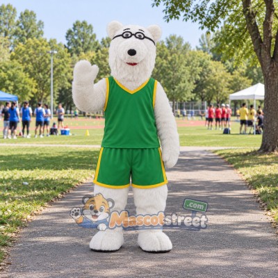 White Polar Bear Mascot Costume with Green Sports Uniform