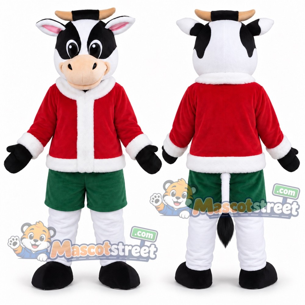 Black and White Cow Mascot Costume with Santa Jacket and Green Shorts Black and White Cow Mascot Costume with Santa Jacket and Green Shorts