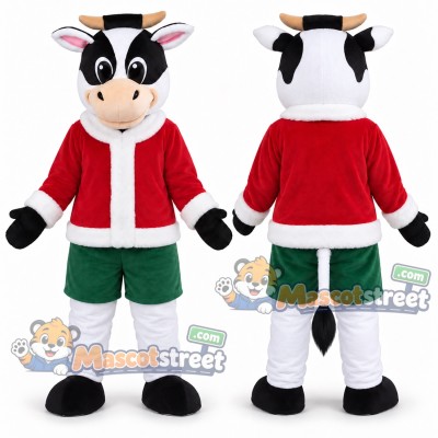 Black and White Cow Mascot Costume with Santa Jacket and Green Shorts Black and White Cow Mascot Costume with Santa Jacket and Green Shorts