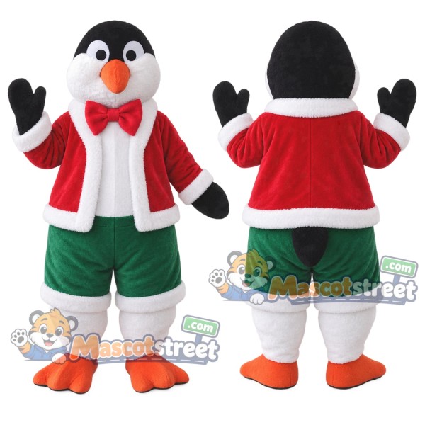 Black and White Penguin Mascot Costume with Santa Jacket and Green Shorts